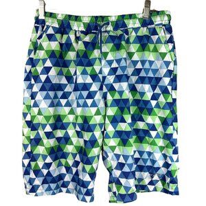 Eddie Bauer Kids XL Swim Shorts Blue Green Geometric Print Elastic Waist Pockets
